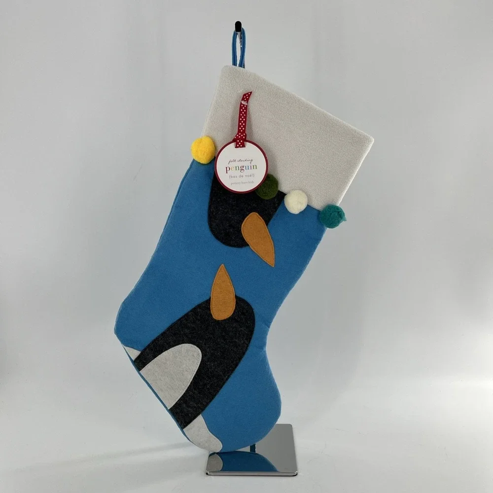 Rare Pottery Barn Felt Christmas Stocking‎ Blue 2 Empire Penguins Snow Poms, 22